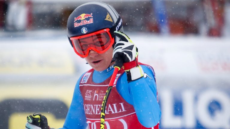 Italy's Sofia Goggia reacts in the finish area following her run in the women's World Cup downhill ski race at Lake Louise, Alta., Saturday, Dec. 4, 2021. (Jeff McIntosh/THE CANADIAN PRESS)