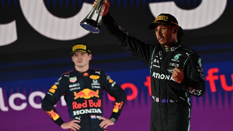 Mercedes driver Lewis Hamilton of Britain celebrates. (Andrej Isakovic/AP)