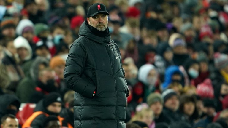 Liverpool's manager Jurgen Klopp during the English League Cup quarter-final soccer match between Liverpool and Leicester City, at Anfield Stadium, in Liverpool, England, Wednesday Dec. 22, 2021. (Jon Super/AP)