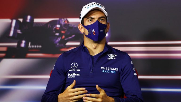 Williams driver Nicholas Latifi of Canada attends a media conference ahead of the Austrian Formula One Grand Prix at the Red Bull Ring racetrack in Spielberg, Austria, Thursday, July 1, 2021. (Bryn Lennon/AP)
