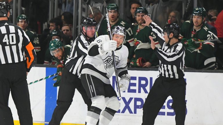 Los Angeles Kings left wing Brendan Lemieux (48) is ushered past the Minnesota Wild bench after scoring a goal during the third period in an NHL hockey game Saturday, Dec. 11, 2021, in Los Angeles. (John McCoy/AP)