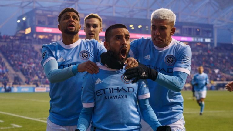 New York City FC's Maximiliano Moralez, center, celebrates his goal with teammates during the second half of an MLS playoff soccer match against the Philadelphia Union, Sunday, Dec. 5, 2021, in Chester, Pa. (Chris Szagola/AP Photo) 
