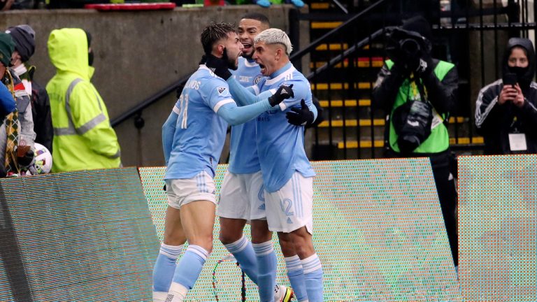 New York City FC forward Valentin Castellanos (11) celebrates with teammates after scoring a goal during the first half of the MLS Cup soccer match against Portland Timbers on Saturday, Dec. 11, 2021, in Portland, Ore. (Amanda Loman/AP) 