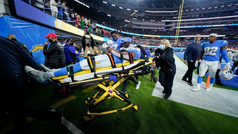 Los Angeles Chargers tight end Donald Parham leaves the field on a stretcher after an injury during the first half of an NFL football game against the Kansas City Chiefs, Thursday, Dec. 16, 2021, in Inglewood, Calif. (Ashley Landis/AP)