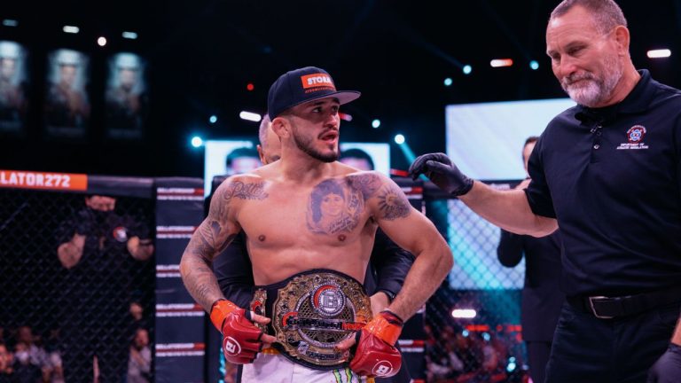 Bellator MMA bantamweight champion Sergio Pettis celebrates his knockout win over Kyoji Horoguchi at Bellator 272. (Bellator MMA)