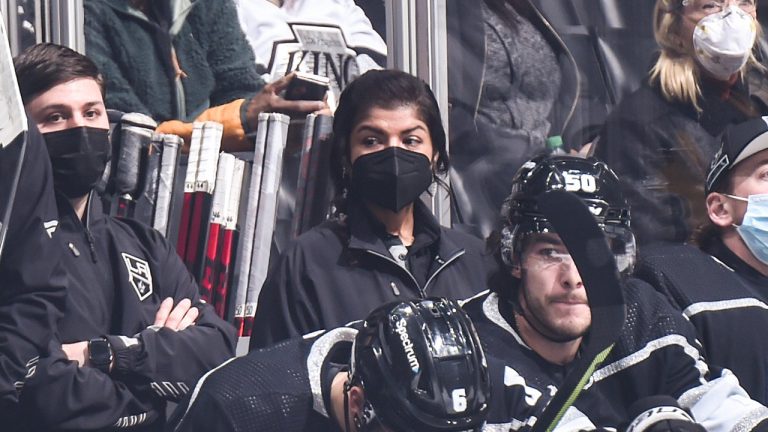 Head trainer for the AHL's Ontario Reign Aisha Visram pictured behind the Los Angeles Kings' bench on Thursday, January 13. (Photo LA Kings Twitter)
