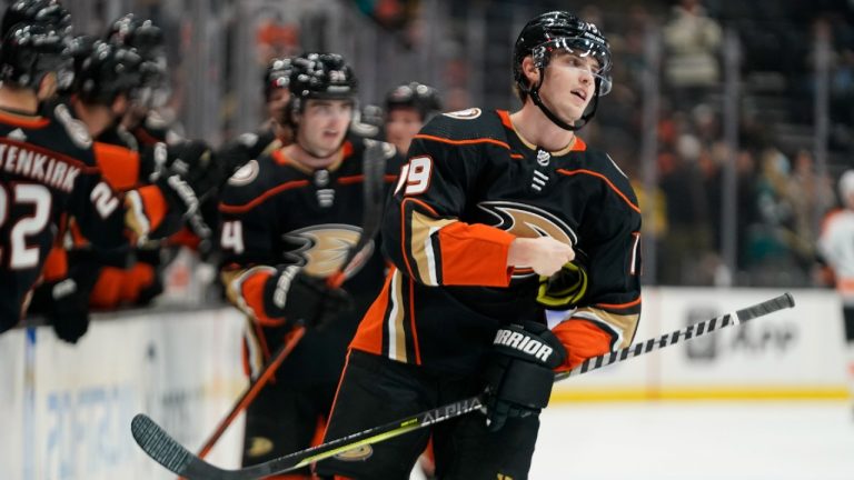 Anaheim Ducks right wing Troy Terry (19) reacts after scoring. (Ashley Landis/AP)