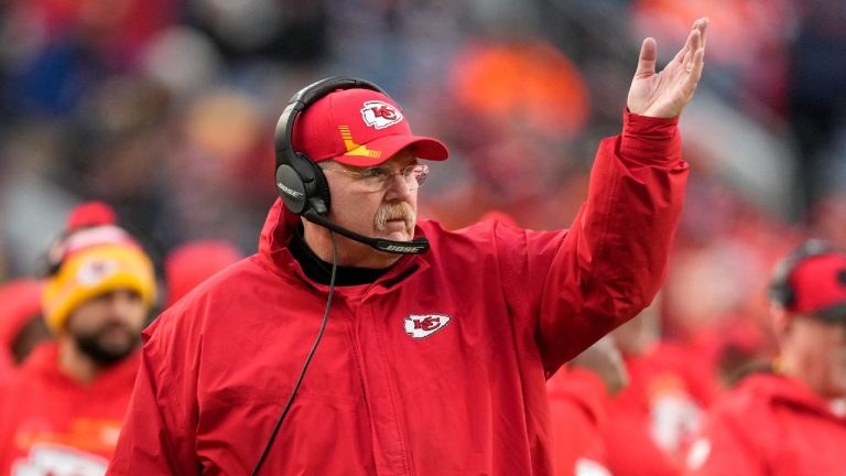 Kansas City Chiefs head coach Andy Reid gestures during the second half of his team's NFL football game against the Denver Broncos Saturday, Jan. 8, 2022, in Denver. (David Zalubowski/AP) 
