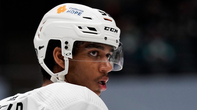 Los Angeles Kings center Quinton Byfield waits for a face-off during the second period of an NHL hockey game against the Anaheim Ducks Friday, April 30, 2021, in Anaheim, Calif. (Mark J. Terrill/AP) 