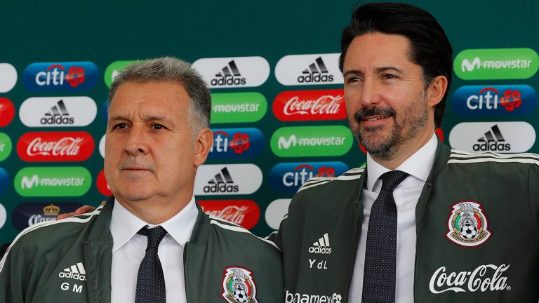 Mexico's new soccer coach Gerardo Martino, left, stands with Mexican Football Federation President Yon De Luisa during the news conference where Martino was presented as the coach in Mexico City, Monday, Jan. 7, 2019. (Marco Ugarte/AP)