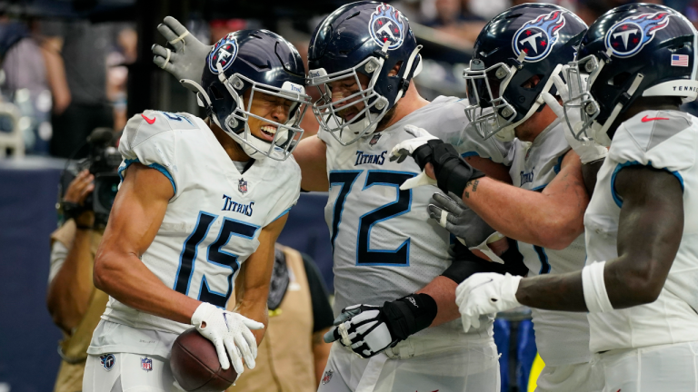 Tennessee Titans wide receiver Nick Westbrook-Ikhine (15) celebrates with teammates after a TD catch against the Houston Texans during the first half on Sunday, Jan. 9, 2022, in Houston. (AP)