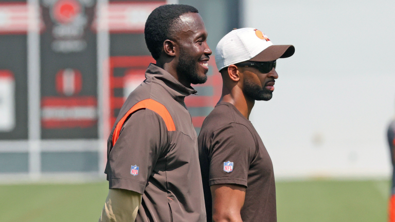 Cleveland Browns Vice President of Football Operations Kwesi Adofo-Mensah, left, and GM Andrew Berry watch the action from the sidelines at training camp, Aug. 27, 2021, at CrossCountry Mortgage Campus in Berea, Ohio. (AP)
