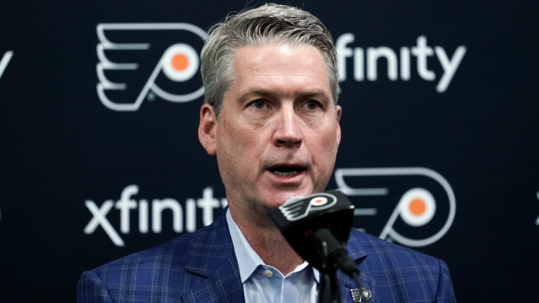 Former Philadelphia Flyers general manager Chuck Fletcher speaks during a news conference at the team's practice facility, Wednesday, Jan. 26, 2022, in Voorhees, N.J. (AP) 