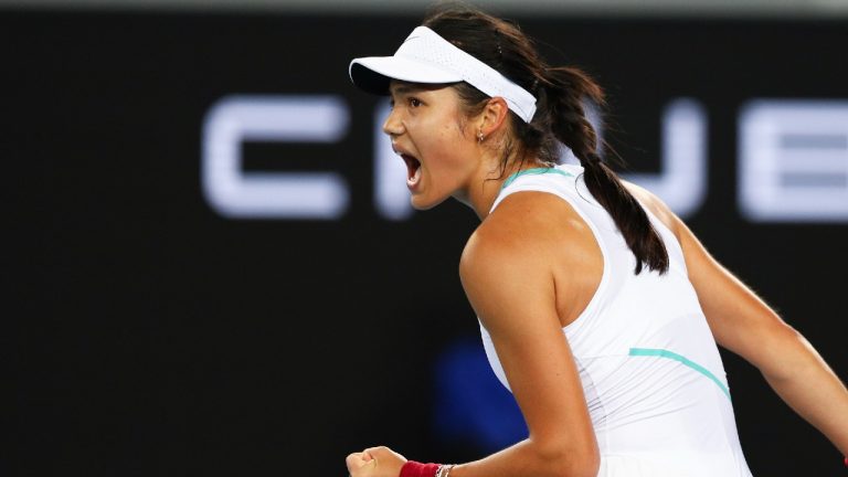 Emma Raducanu of Britain reacts after winning a point against Sloane Stephens of the U.S. in their first round match at the Australian Open tennis championships in Melbourne, Australia, Tuesday, Jan. 18, 2022. (Tertius Pickard/AP)
