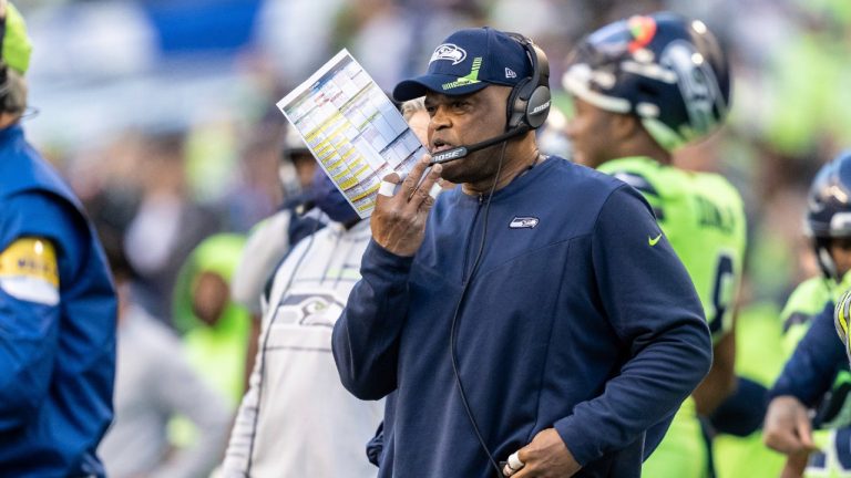 Seattle Seahawks defensive coordinator Ken Norton Jr. watches from the sideline during the first half of an NFL football game against the Los Angeles Rams, Thursday, Oct. 7, 2021, in Seattle. (Stephen Brashear/AP)