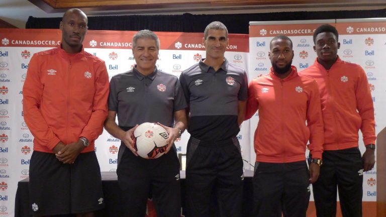 Captain Atiba Hutchinson (left to right), coach Octavio Zambrano, assistant coach Paul Stalteri, Junior Hoilett and Alphonso Davies attend a Canada Soccer Association news conference in Toronto, Thursday, Aug.31, 2017, ahead of Saturdayâ€™s friendly with Jamaica at BMO Field. (Neil Davidson/CP)
