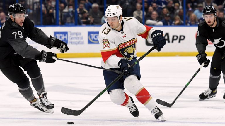 Florida Panthers centre Sam Reinhart (13) handles the puck around Tampa Bay Lightning left wing Ross Colton (79) during the first period of an NHL hockey game Saturday, Nov. 13, 2021, in Tampa, Fla. (Jason Behnken/AP) 