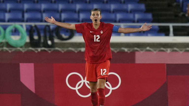 Canada's Christine Sinclair pleads for a penalty kick during the women's soccer gold medal game against Sweden at the Tokyo Olympics. (Adrian Wyld/CP)