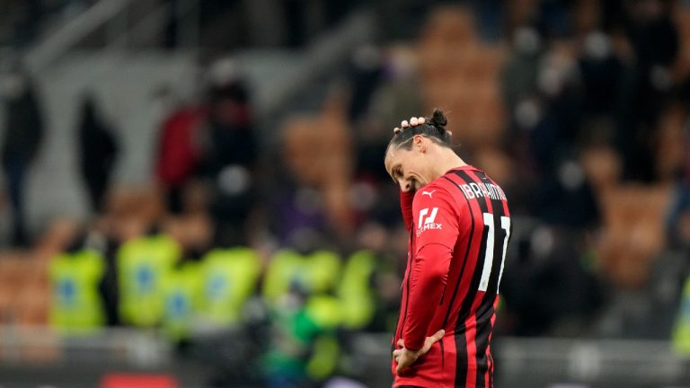 AC Milan's Zlatan Ibrahimovic reacts after Spezia scores against Milan during a Serie A soccer match between AC Milan and Spezia, at the San Siro stadium in Milan, Italy, Monday, Jan.17, 2022. (Luca Bruno/AP) 