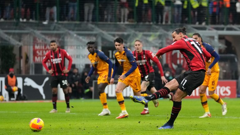 AC Milan's Zlatan Ibrahimovic shoots a penalty kick during the Serie A soccer match between AC Milan and Roma at the San Siro stadium, in Milan, Italy, Thursday, Jan. 6, 2022. (Antonio Calanni/AP) 