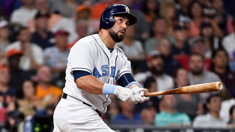 Houston Astros' Carlos Beltran watches his two-run home run off Boston Red Sox starting pitcher Rick Porcello during the third inning of a baseball game, Saturday, June 17, 2017, in Houston. (Eric Christian Smith/AP)