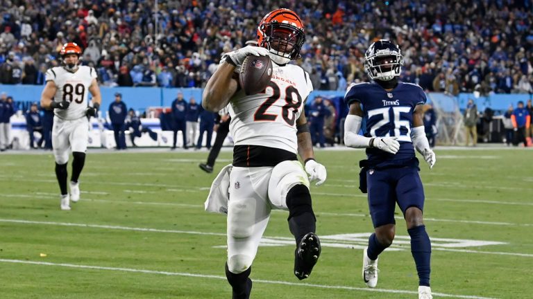 Cincinnati Bengals running back Joe Mixon (28) runs intopo the end zone for a touchdown against the Tennessee Titans during the second half of an NFL divisional round playoff football game. (Mark Zaleski/AP) 