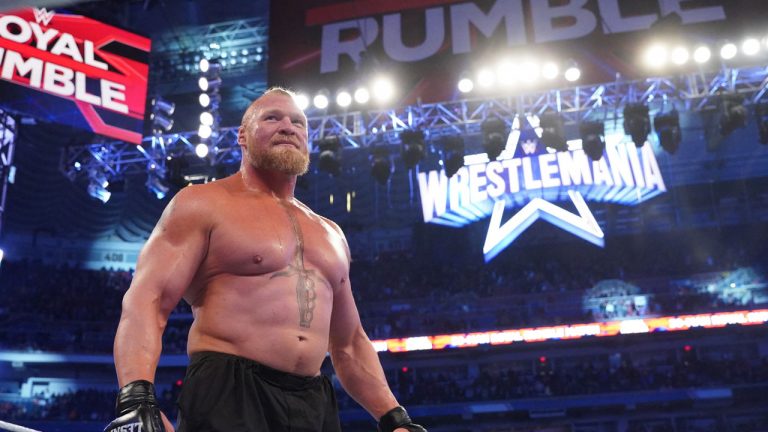 Brock Lesnar celebrates after winning the 2022 Royal Rumble. (WWE)