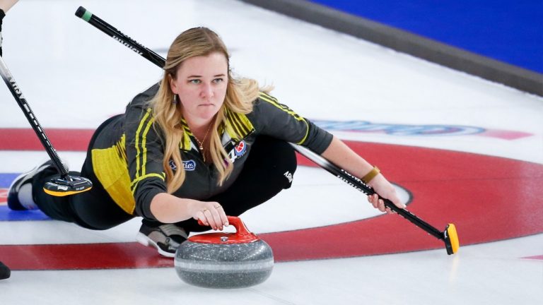 Team Wild Card 1 skip Chelsea Carey makes a shot against Team Wild Card 3 at the Scotties Tournament of Hearts in Calgary, Alta., Saturday, Feb. 27, 2021. (Jeff McIntosh/CP)
