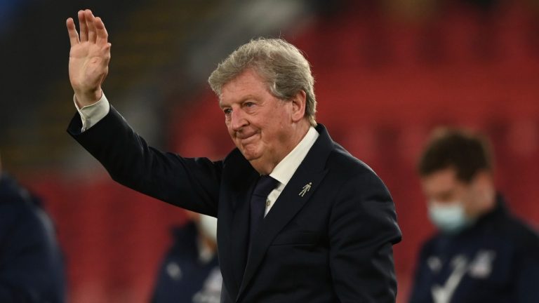 Roy Hodgson applauds fans at the end of the English Premier League soccer match between Crystal Palace and Arsenal, at Selhurst Park in London, England, Wednesday, May 19, 2021. (Facundo Arrizabalaga/Pool Photo via AP)
