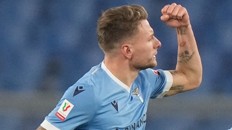 Lazio's Ciro Immobile celebrates after scoring the opening goal of the game during an Italian Cup soccer match between Lazio and Udinese, at Rome's Olympic Stadium, Tuesday, Jan. 18, 2021. (Andrew Medichini/AP)