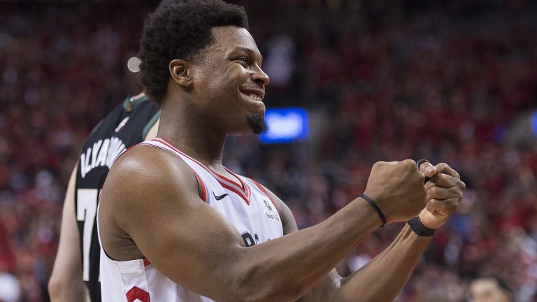 Toronto Raptors guard Kyle Lowry (7) reacts in the finals seconds of the game to defeat the Milwaukee Bucks during second half NBA Eastern Conference finals basketball action in Toronto on Saturday, May 25, 2019. THE CANADIAN PRESS/Nathan Denette