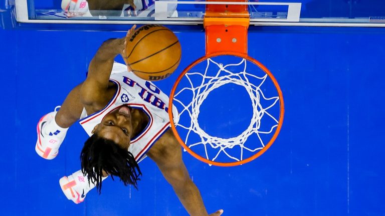 Philadelphia 76ers' Tyrese Maxey goes up to shoot during overtime of an NBA basketball game against the Memphis Grizzles, Monday, Jan. 31, 2022, in Philadelphia. (Chris Szagola/AP)