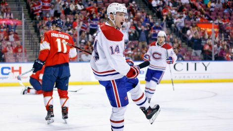 Montreal-Canadiens-centre-Nick-Suzuki-celebrates-a-goal-against-the-Florida-Panthers