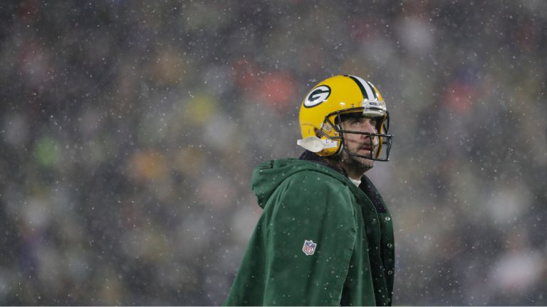 Green Bay Packers' Aaron Rodgers looks up during the second half of an NFC divisional playoff NFL football game against the San Francisco 49ers Saturday, Jan. 22, 2022, in Green Bay, Wis. (Aaron Gash/AP) 