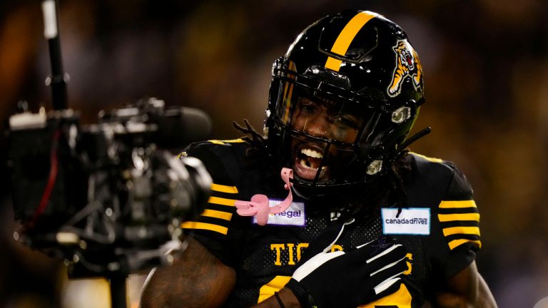 Hamilton Tiger-Cats wide receiver Steven Dunbar Jr. (82) celebrates his touchdown against the Winnipeg Blue Bombers during first half football action in the 108th CFL Grey Cup. (CP)