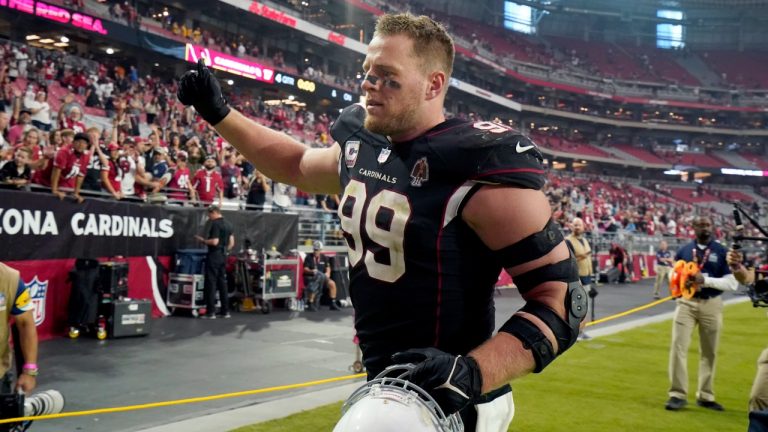 Arizona Cardinals defensive end J.J. Watt (99) leaves the field after an NFL football game against the San Francisco 49ers, Sunday, Oct. 10, 2021, in Glendale, Ariz. The Cardinals won 17-10. (Darryl Webb/AP)