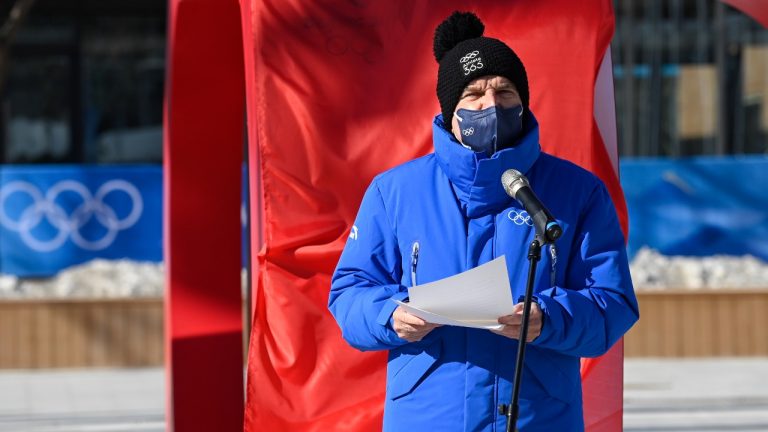 Thomas Bach, President of the International Olympic Committee, speaks during the Olympic Truce Mural ceremony at the Olympic Village ahead of the 2022 Winter Olympics, Tuesday, Feb. 1, 2022, in Beijing. (Wang Zhao/Pool Photo via AP)