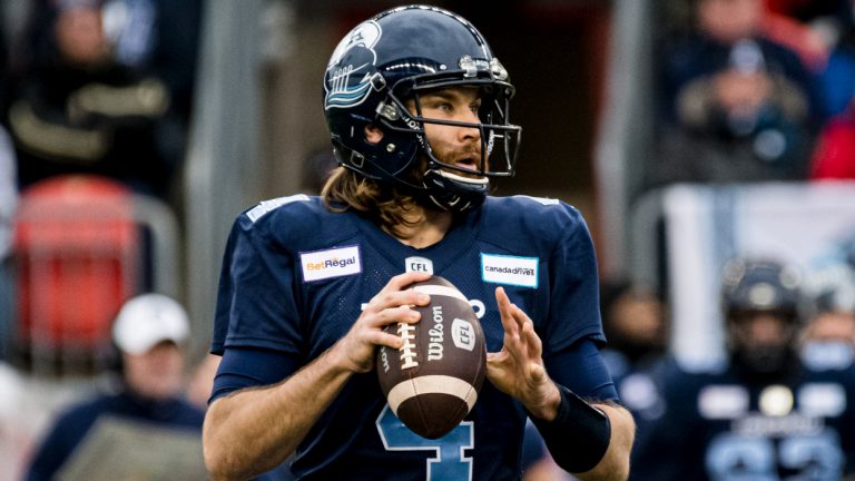 Toronto Argonauts quarterback McLeod Bethel-Thompson (4) looks to pass against the Hamilton Tiger-Cats during first half CFL Eastern Conference final action in Toronto, on Sunday, December 5, 2021. (Christopher Katsarov/CP)