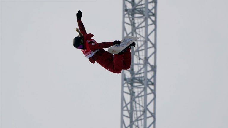 Canada's Brooke D'Hondt competes during the women's halfpipe qualification round at the 2022 Winter Olympics, Wednesday, Feb. 9, 2022, in Zhangjiakou, China. (Gregory Bull/AP Photo)
