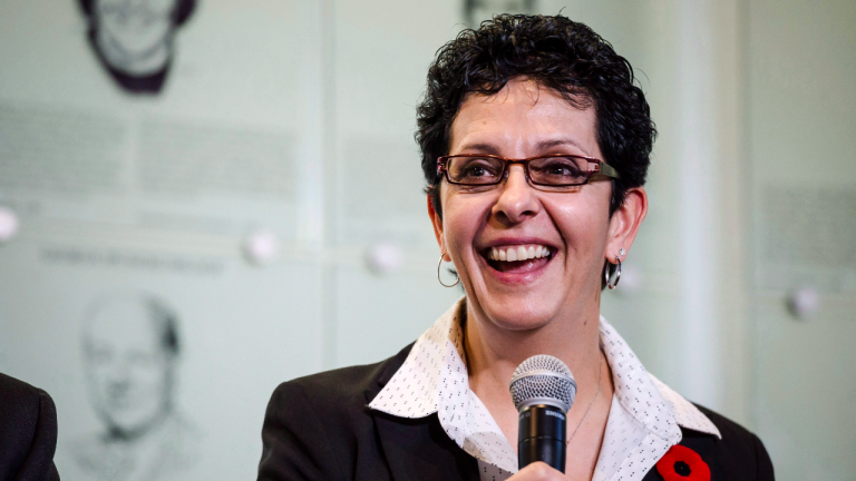 2017 Hockey Hall of Fame inductee Danielle Goyette speaks to reporters during a press conference in Toronto, on Friday, November 10, 2017. (CP/file)