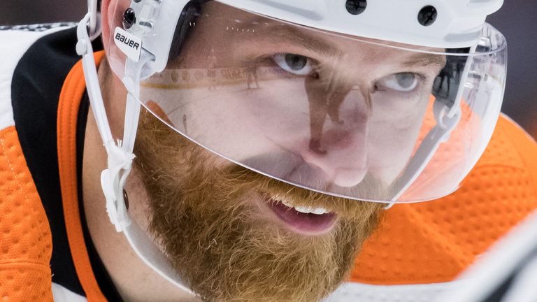 Philadelphia Flyers' Claude Giroux lines up for a faceoff during the third period of an NHL hockey game against the Vancouver Canucks in Vancouver, on Thursday, October 28, 2021. (CP)