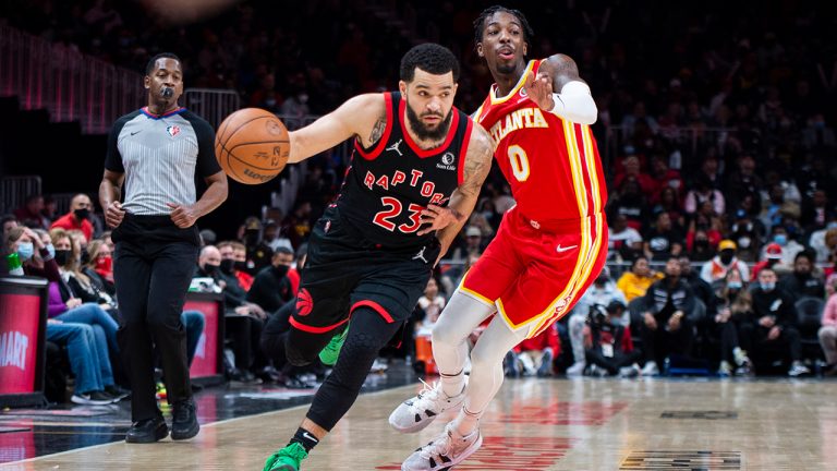Toronto Raptors guard Fred VanVleet (23) dribbles past Atlanta Hawks guard Delon Wright (0) during the second half of an NBA basketball game Monday, Jan. 31, 2022, in Atlanta. (Hakim Wright Sr./AP)