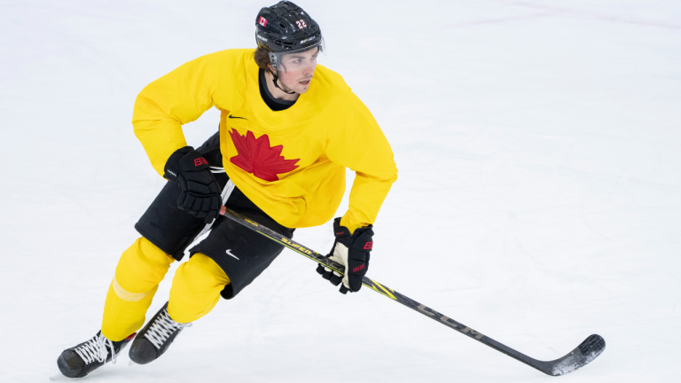 Team Canada defender Owen Power skates during a practice at the 2022 Winter Olympics in Beijing on Saturday, February 5, 2022. (CP)