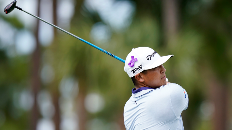 Kurt Kitayama hits from the ninth tee during the first round of the Honda Classic golf tournament, Thursday, Feb. 24, 2022, in Palm Beach Gardens, Fla. (AP)