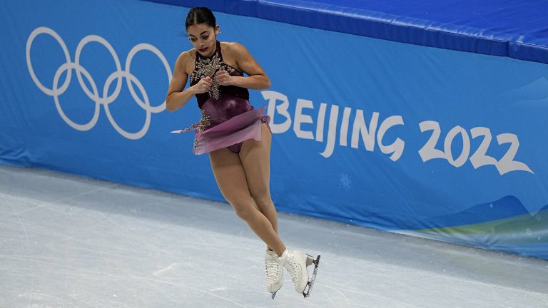 Madeline Schizas, of Canada, competes in the women's short program team figure skating competition at the 2022 Winter Olympics. (David J. Phillip/AP)