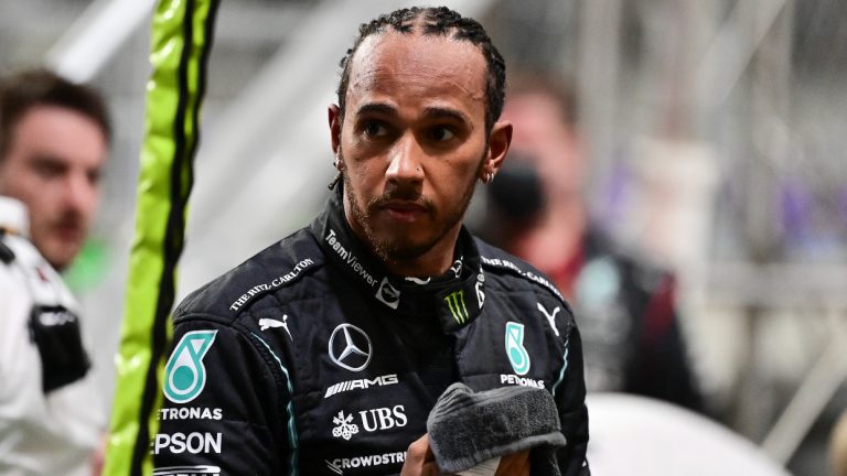 Mercedes driver Lewis Hamilton of Britain prepares to restart the race during the Formula One Saudi Arabian Grand Prix in Jiddah, Sunday, Dec. 5, 2021. (Andrej Isakovic/Pool Photo via AP)