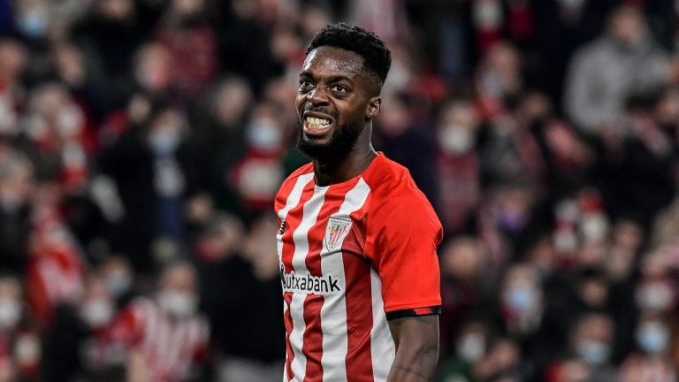 Athletic Bilbao's Inaki Williams reacts during a Spanish Copa del Rey semifinal first leg soccer match between Athletic Club and Valencia at the San Mames stadium in Bilbao, Spain, Thursday, Feb. 10, 2022. (Alvaro Barrientos/AP)