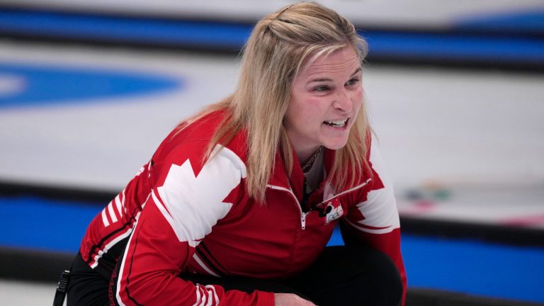 Canada's Jennifer Jones, directs her teammates, during the women's curling match against China, at the 2022 Winter Olympics, Wednesday, Feb. 16, 2022, in Beijing. (Nariman El-Mofty/AP Photo)