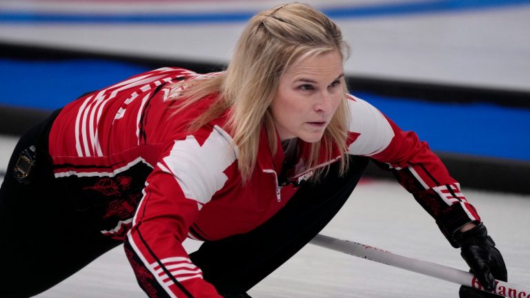 Canada's Jennifer Jones throws a rock, during the women's curling match against China, at the 2022 Winter Olympics, Wednesday, Feb. 16, 2022, in Beijing. (Nariman El-Mofty/AP Photo)