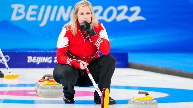 Team Canada skip Jennifer Jones faces off against Team Korea in women’s curling round robin play during the Beijing 2022 Olympic Winter Games in Beijing, China on Thursday, February 10, 2022. (Andrew Lahodynskyj/THE CANADIAN PRESS/HO, COC)